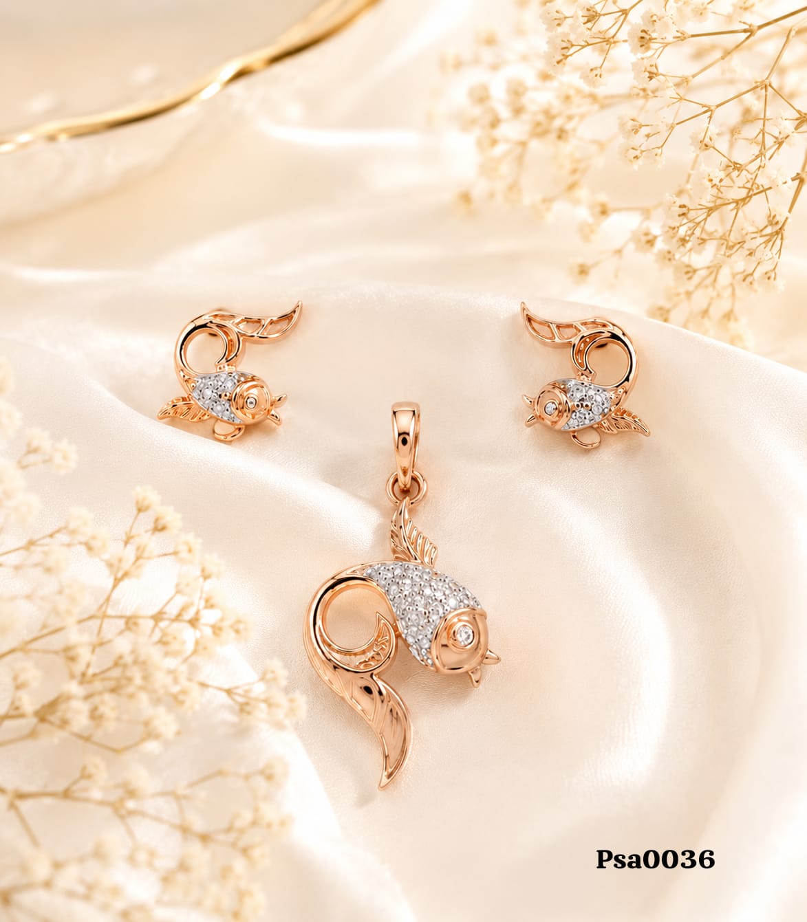 Koi Fish Motif Rose Gold-Tone Sterling Silver Pendant Set