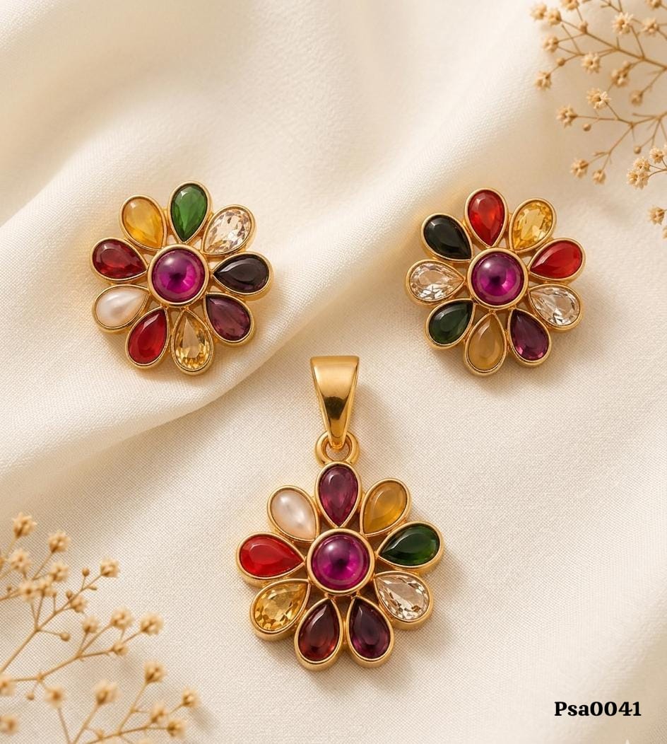 Multi-Colored Stone Floral Motif Pendant Set
