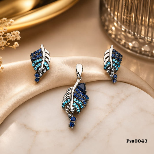Feather Motif Blue Ombré Sterling Silver Pendant Set