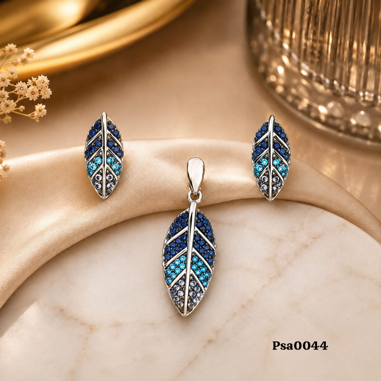 Leaf Motif Blue Ombré Sterling Silver Pendant Set