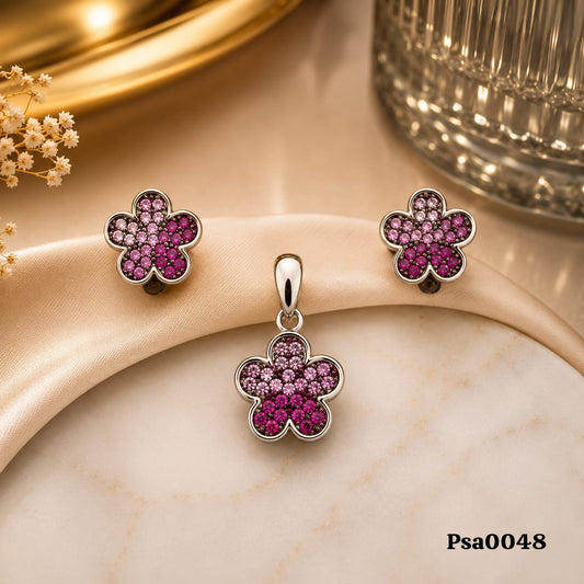 Floral Motif Pink Ombré Sterling Silver Pendant Set