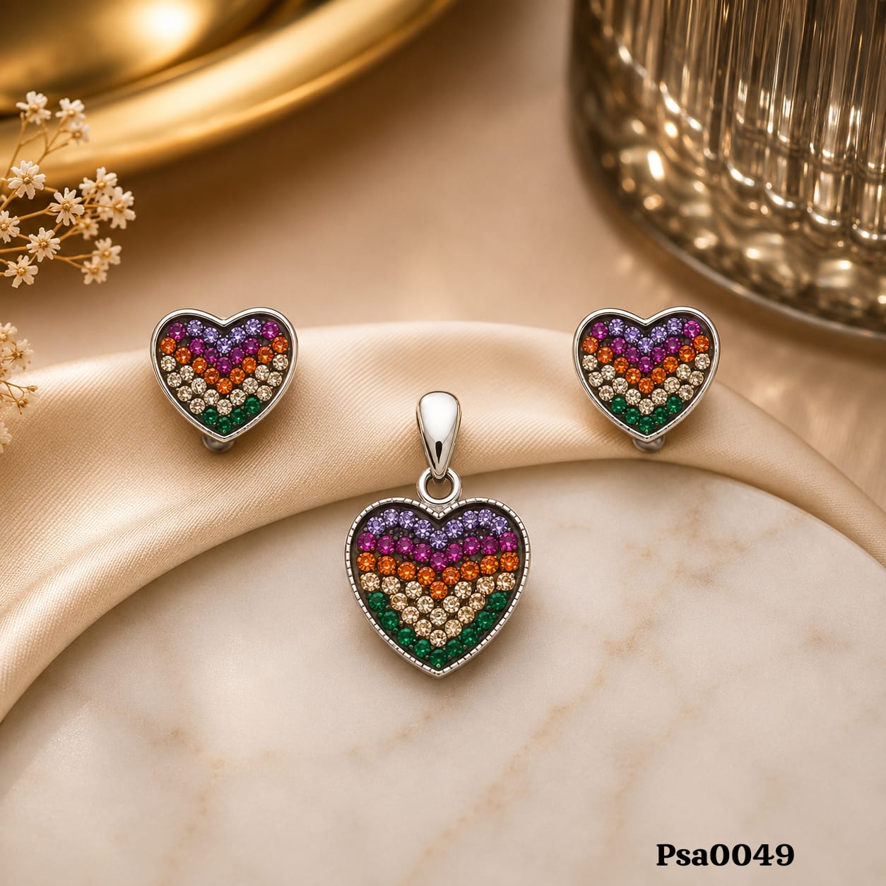 Multi-Color Band Heart Sterling Silver Pendant Set