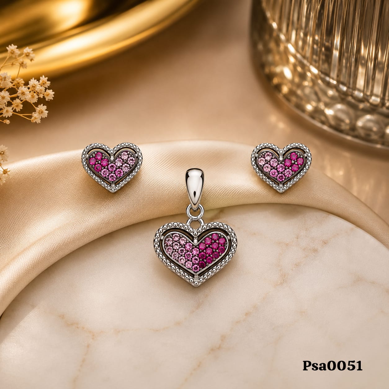 Heart Motif Pink Ombré Sterling Silver Pendant Set
