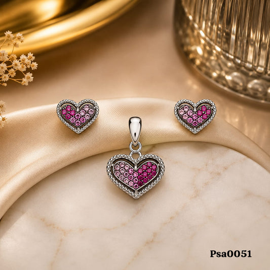 Heart Motif Pink Ombré Sterling Silver Pendant Set