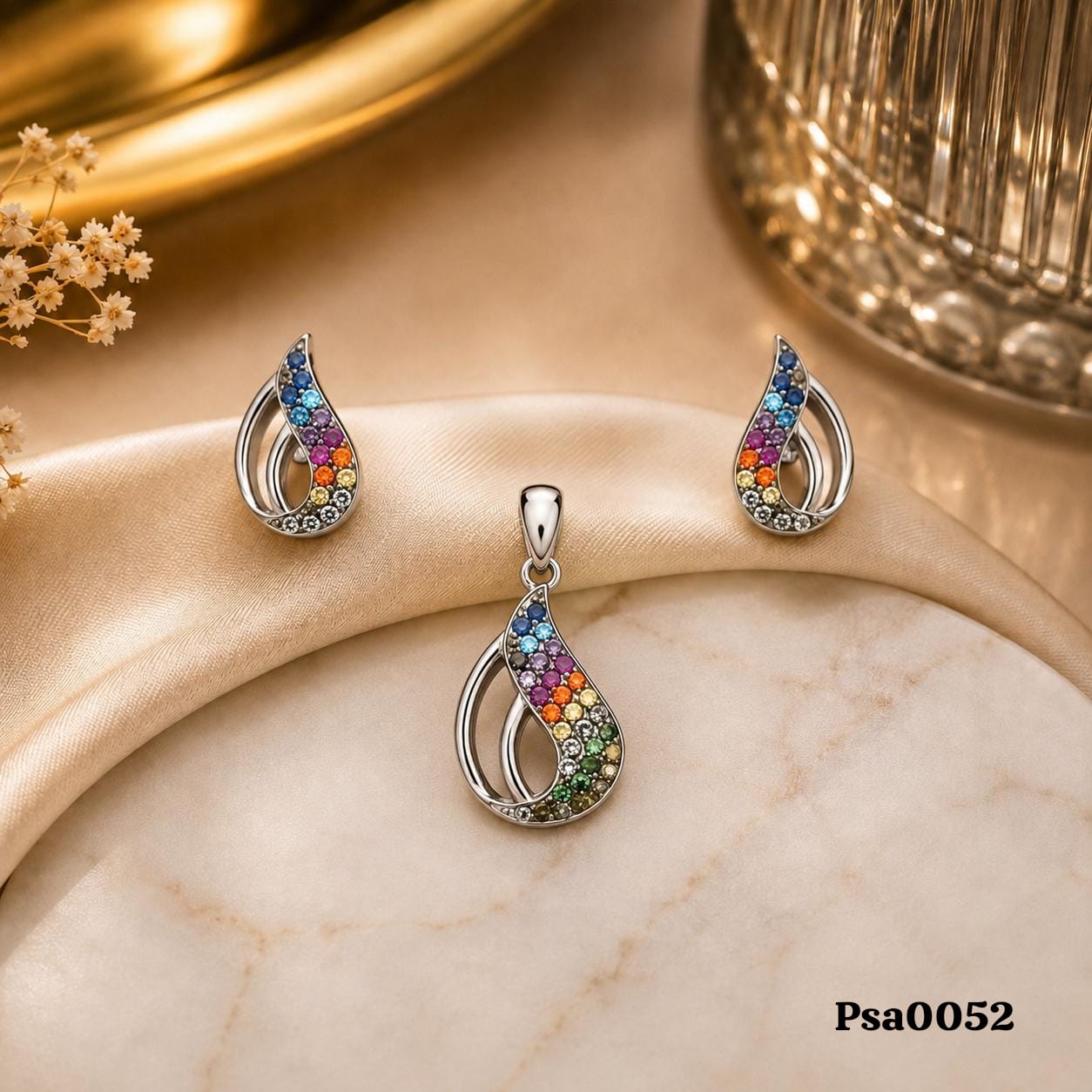 Teardrop Motif Multi-Colored Stone Pendant Set