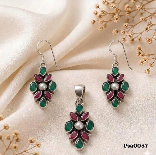 Emerald Ruby Multi-Stone Floral Sterling Silver Pendant Set