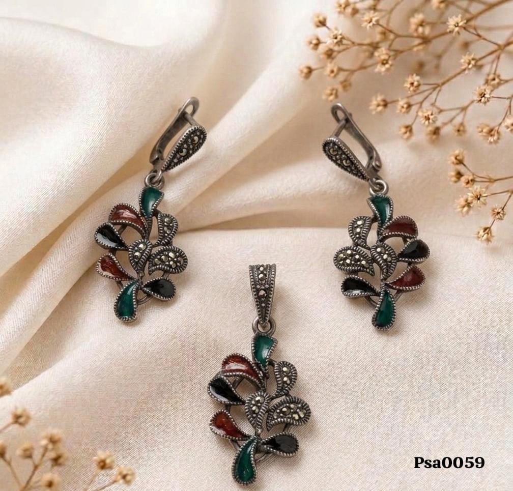 Multi-Colored Motif Oxidized Silver-Tone Pendant Set