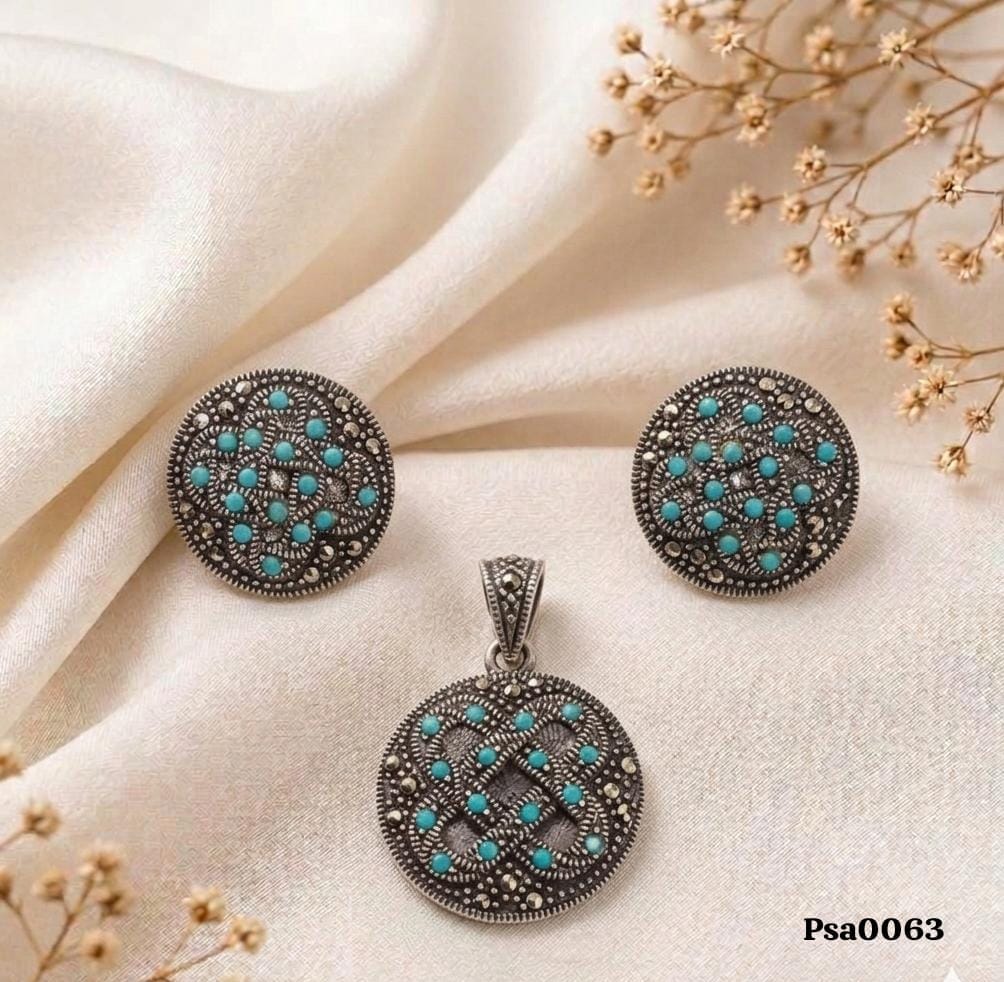 Circular Motif Oxidized Silver-Tone Pendant Set