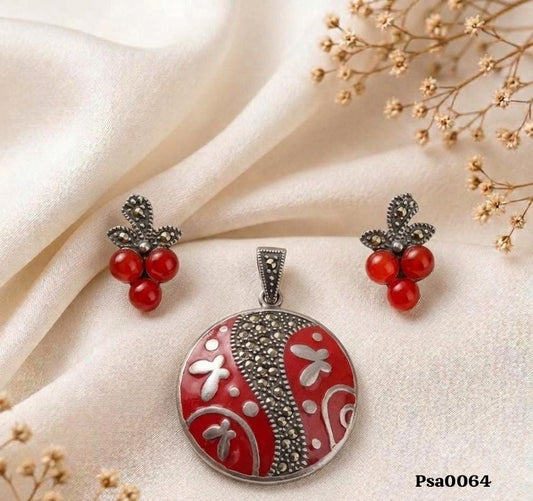 Red Enamel and Floral Motif Oxidized Silver-Tone Pendant Set