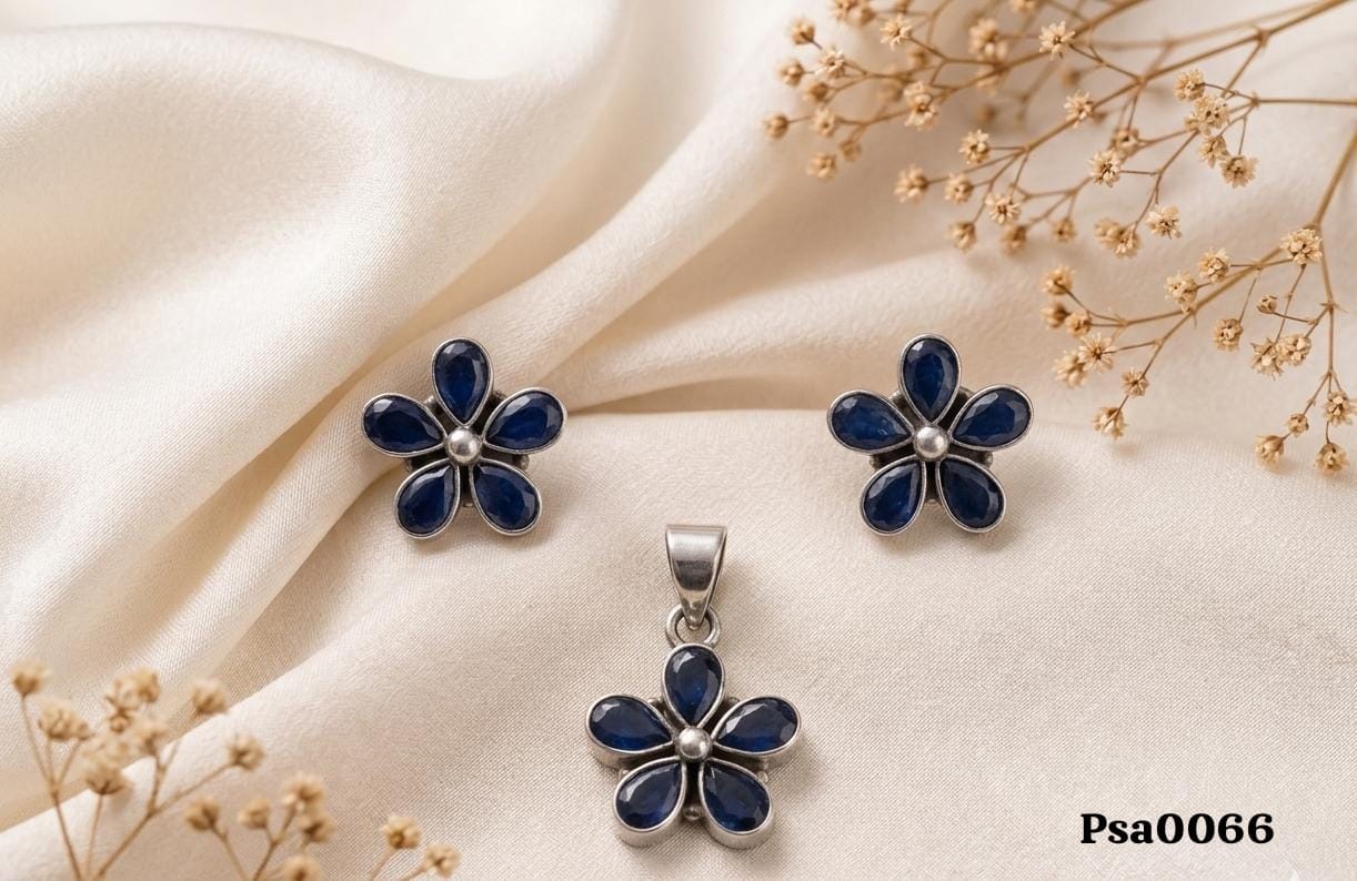 Blue Sapphire Open Petal Floral Sterling Silver Pendant Set