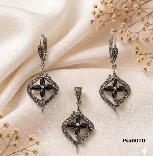 Black Lattice Marcasite Oxidized Silver Pendant Set