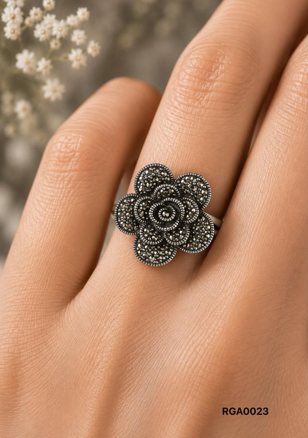 Marcasite Rose Flower Ring