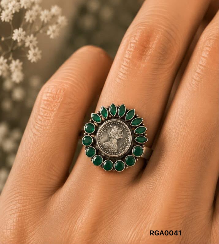 Vintage Victoria Coin Marquise Green Onyx Ring