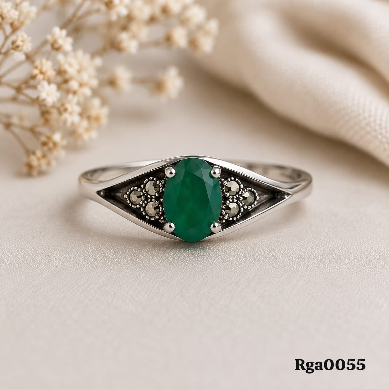 Marcasite Green Stone Sterling Silver Ring