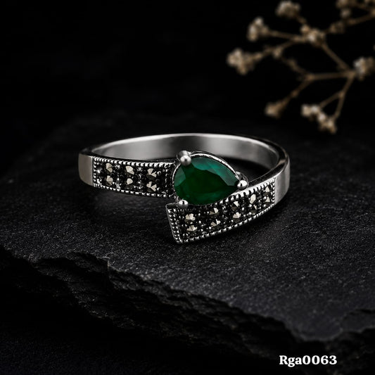 Marcasite and Green Stone Sterling Silver Ring
