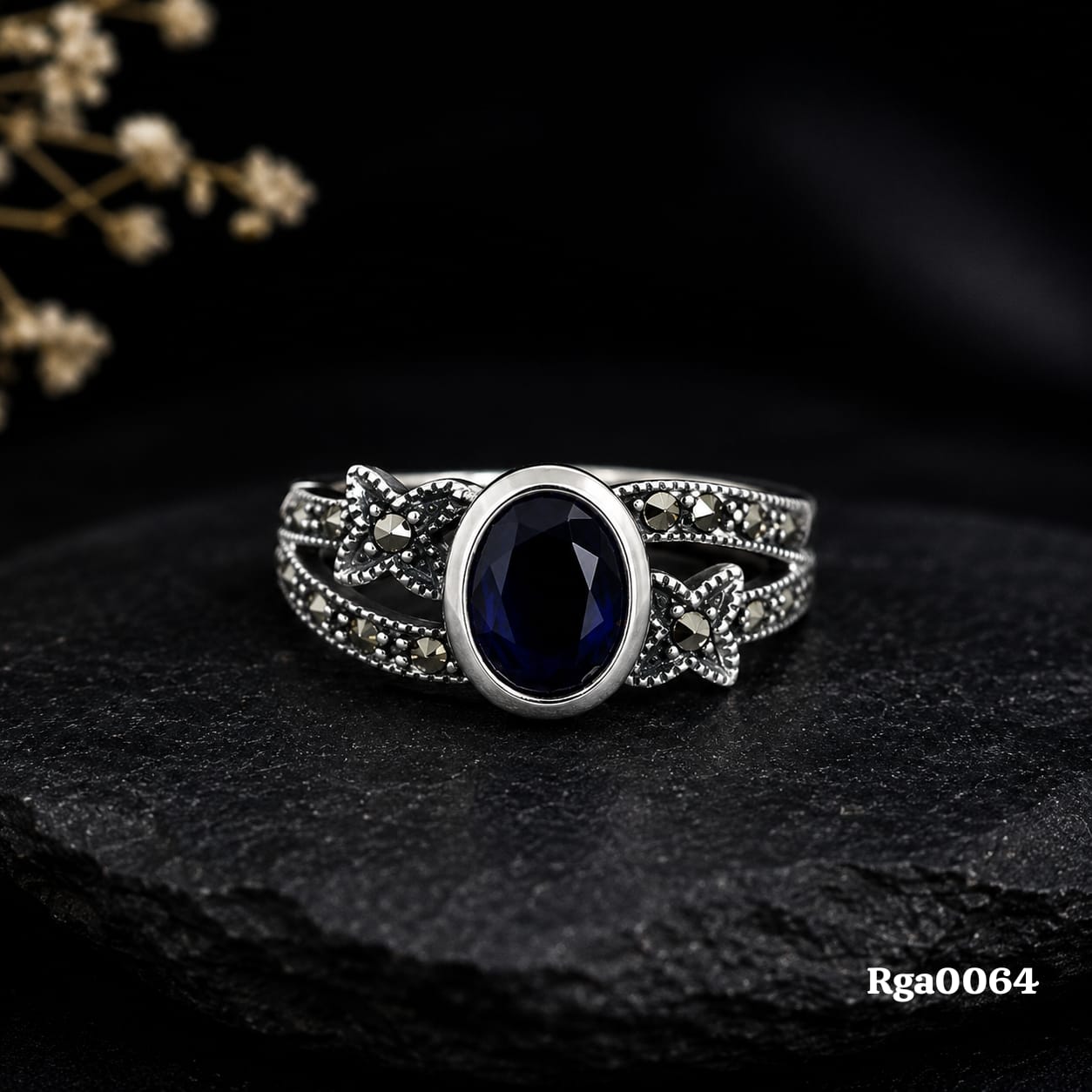 Oval Blue Stone Marcasite Ring