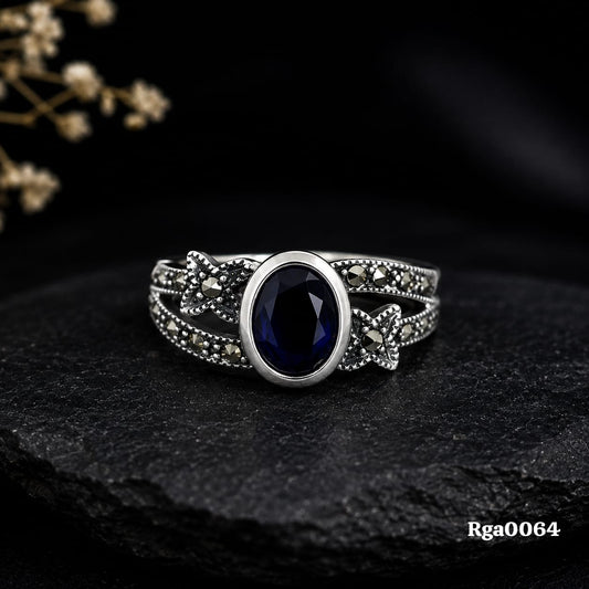 Oval Blue Stone Marcasite Ring