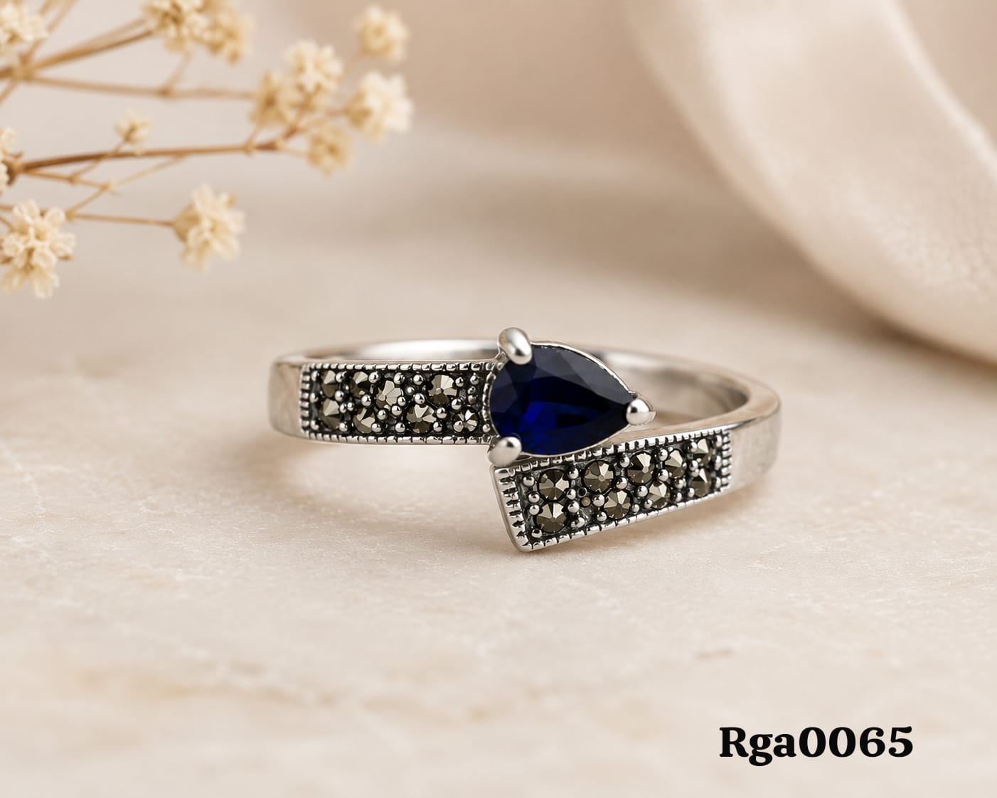 Pear-Shaped Blue Stone Marcasite Ring