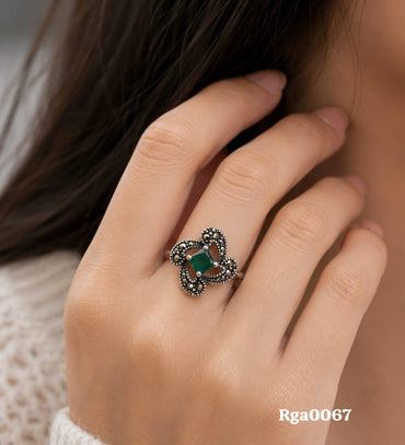 Square Green Stone Floral Marcasite Ring