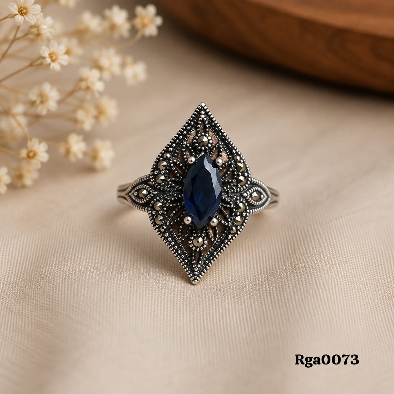 Sterling Silver Marcasite Blue Stone Statement Ring