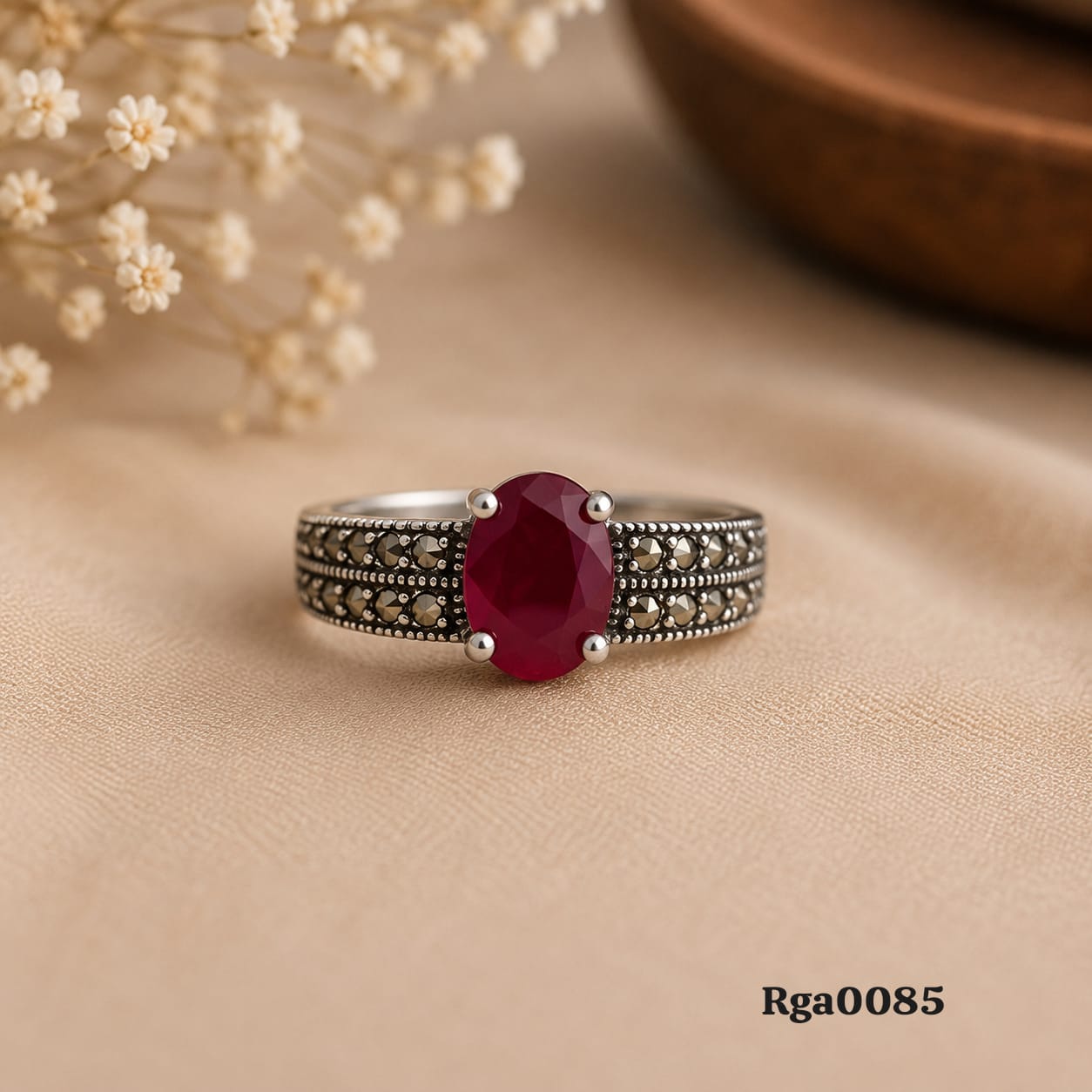 Oval Red Stone Band Marcasite Ring