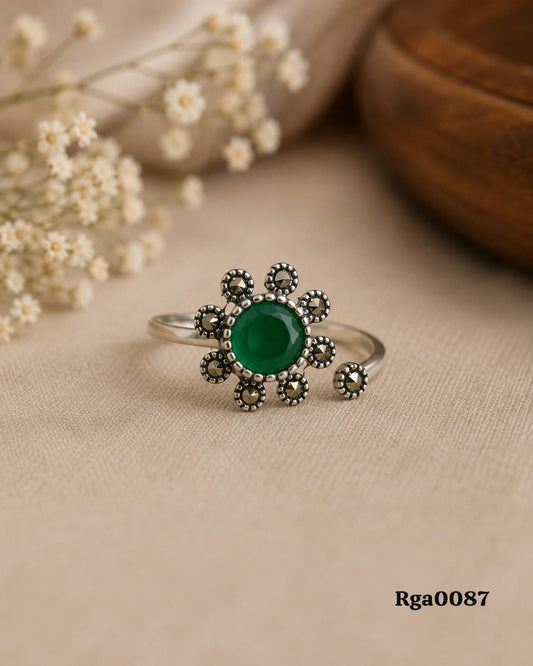Floral Halo Green Stone Marcasite Ring