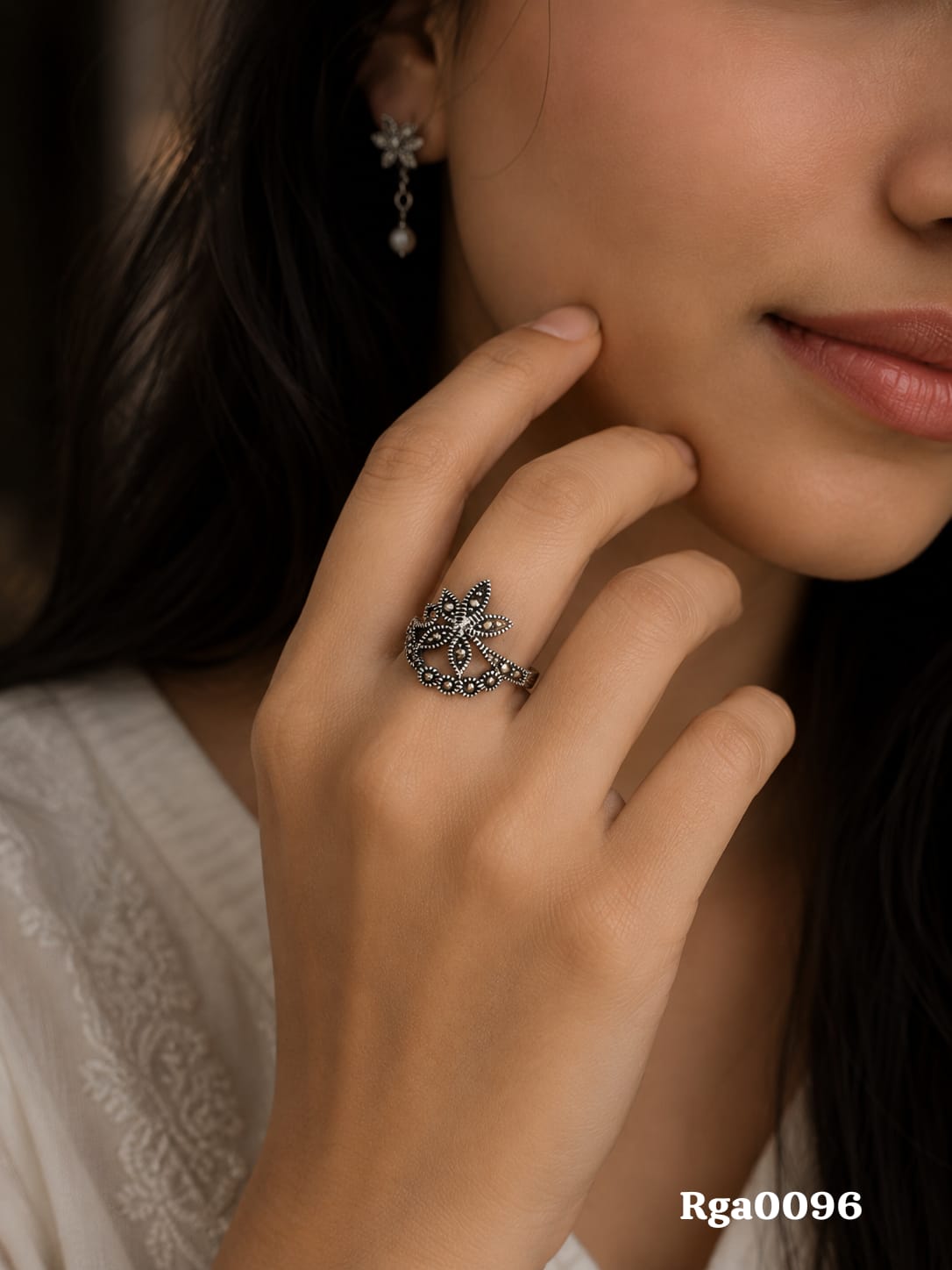 Floral Motif Marcasite Ring