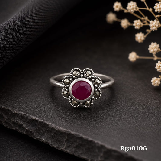 Scalloped Red Stone Marcasite Ring