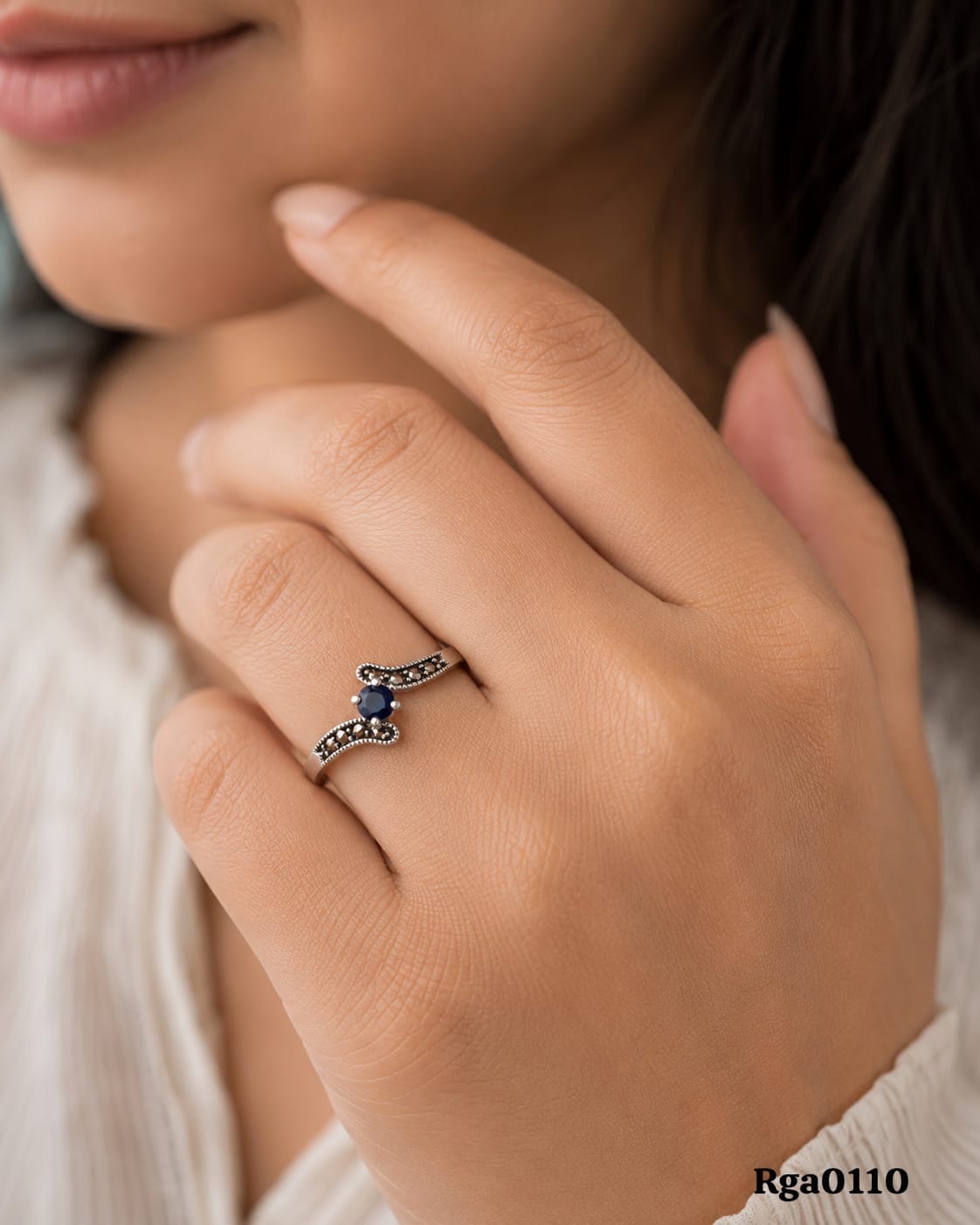 Crossover Blue Stone Marcasite Ring