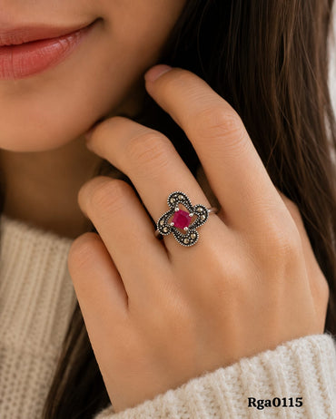 Square Red Stone Floral Marcasite Ring