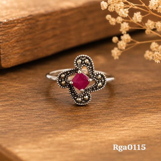 Square Red Stone Floral Marcasite Ring
