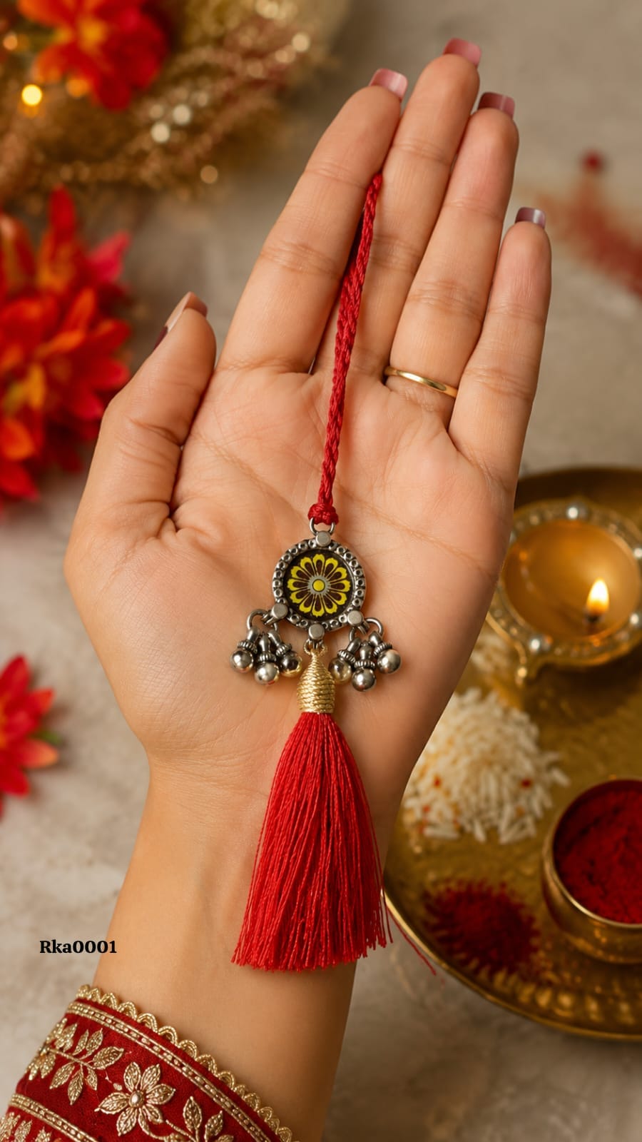 Floral Silver Rakhi with red tassel