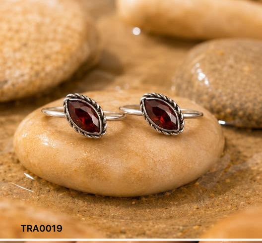 92.5 Sterling Silver Marquise Toe Rings - Red Stone