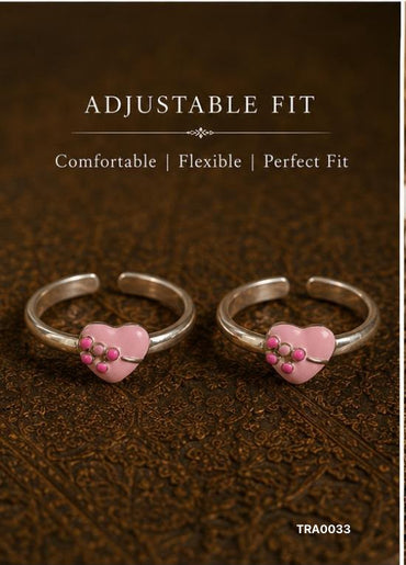 92.5 Sterling Silver Heart Motif Toe Rings - Pink Enamel