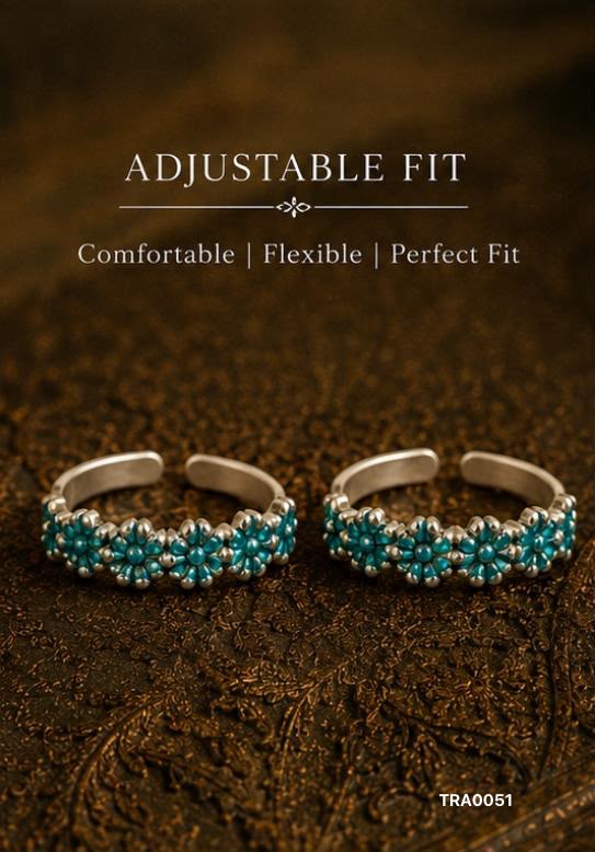 92.5 Sterling Silver floral motif with vibrant teal enamel Toe Rings