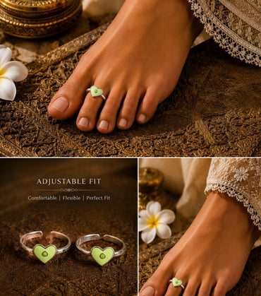 92.5 Sterling Silver sweet heart-shaped motif with a soft, light-green enamel Toe Rings
