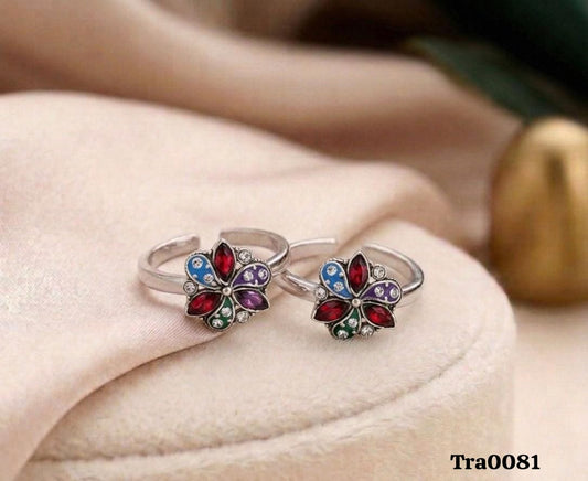 Elegant Multi-Color Floral Silver Rings