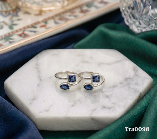 92.5 Sterling Silver square and oval-shaped blue gemstone Toe Rings