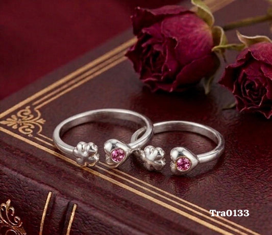 Flower Motif Silver Toe Rings - Heart Setting with Pink Stone