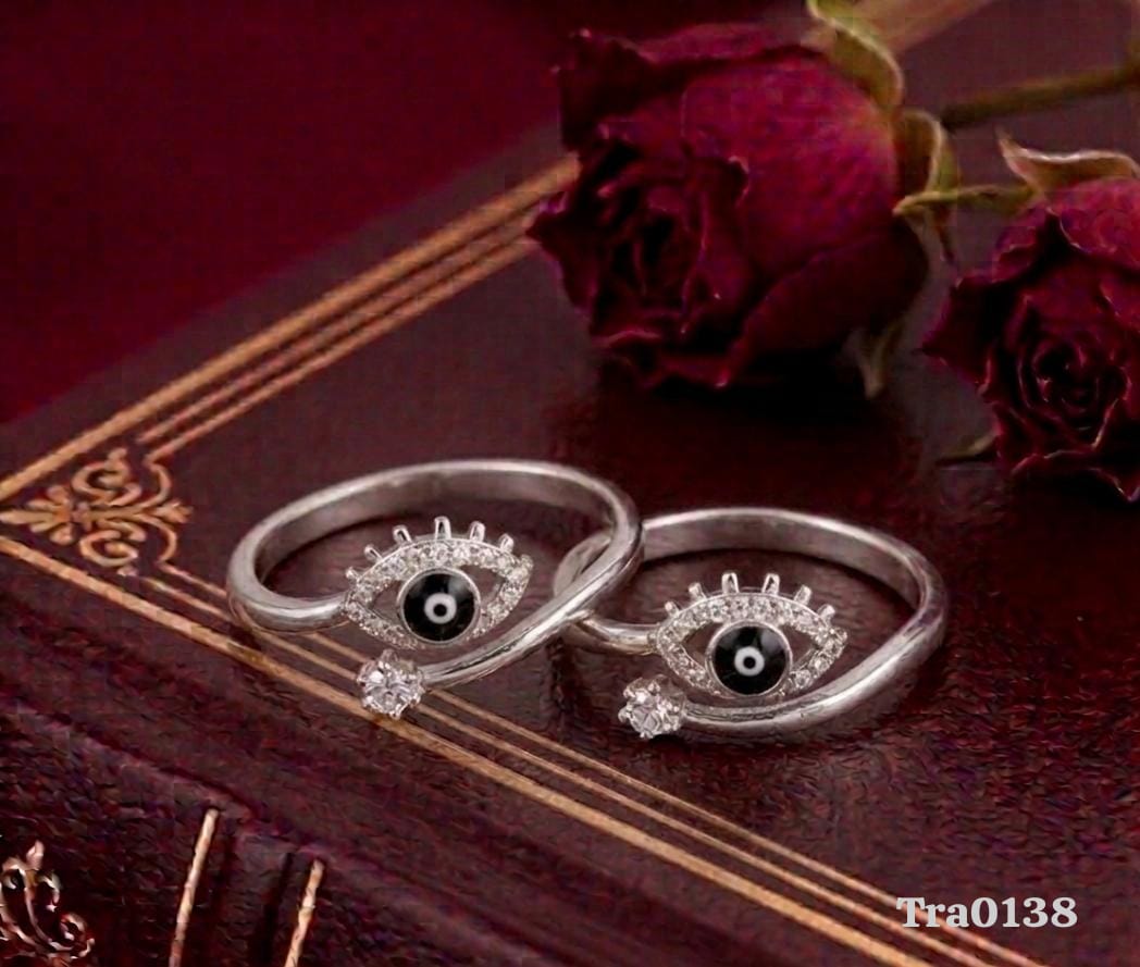 Evil Eye Motif with "Eyelash" Silver Toe Rings - Stone-Encrusted Border