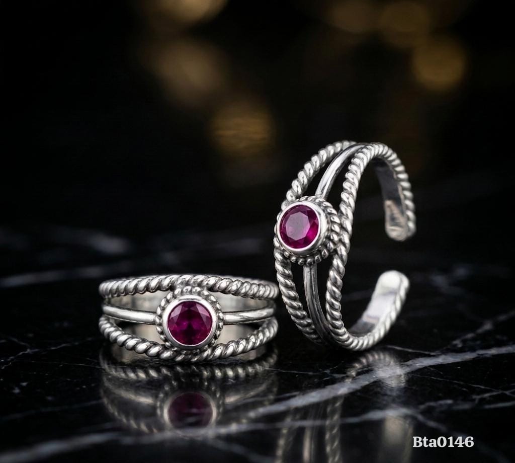 Twisted Rope-Style Band Toe Rings - Reddish-Pink Stone