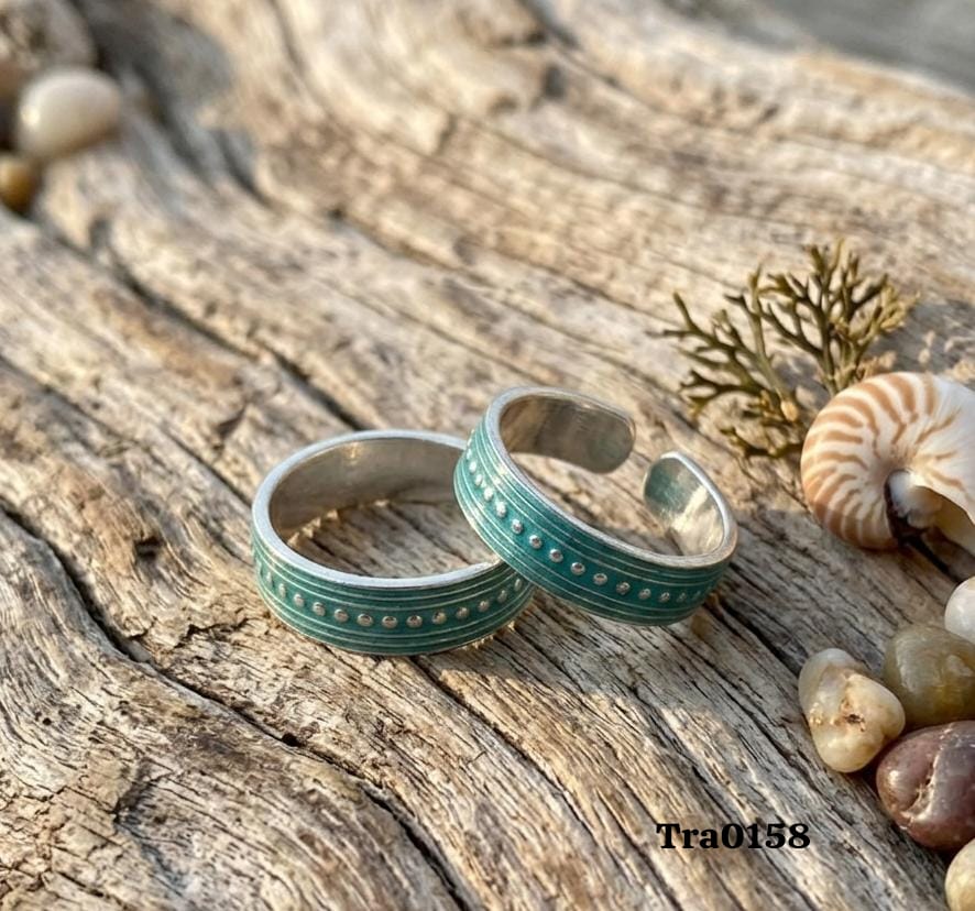 Teal-enameled Silver Toe Rings