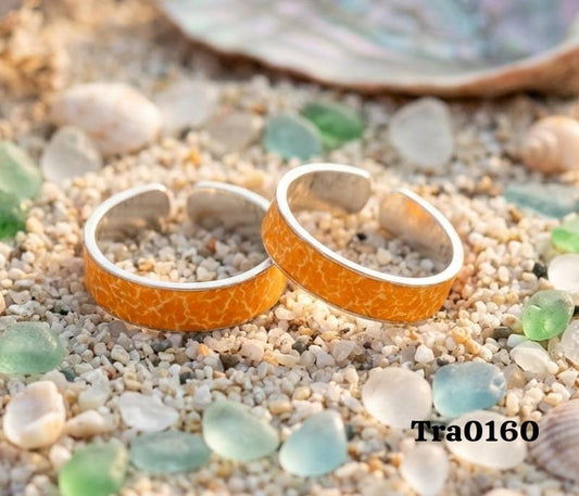 Vibrant Orange Enamel Silver Toe Rings - Crackled Texture