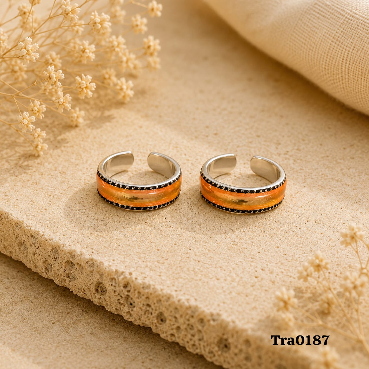 Orange enameled Silver Toe Rings