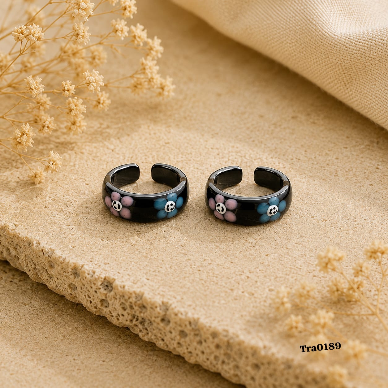 Flowers with smiling faces Silver Toe Rings