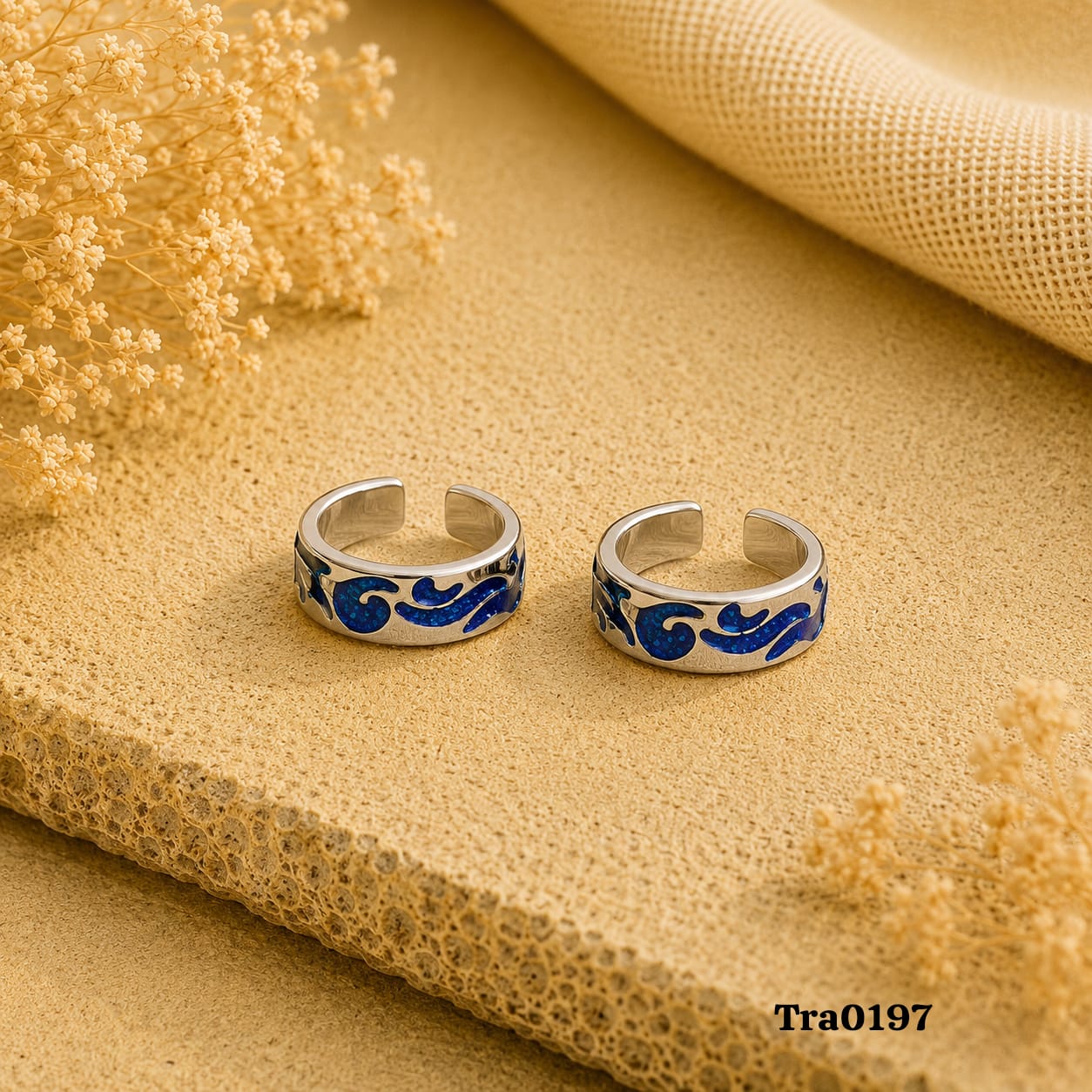 Swirling dark blue enameled Silver Toe Rings