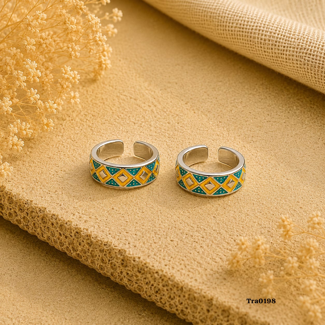 Orange and blue enameled diamond shapes Silver Toe Rings
