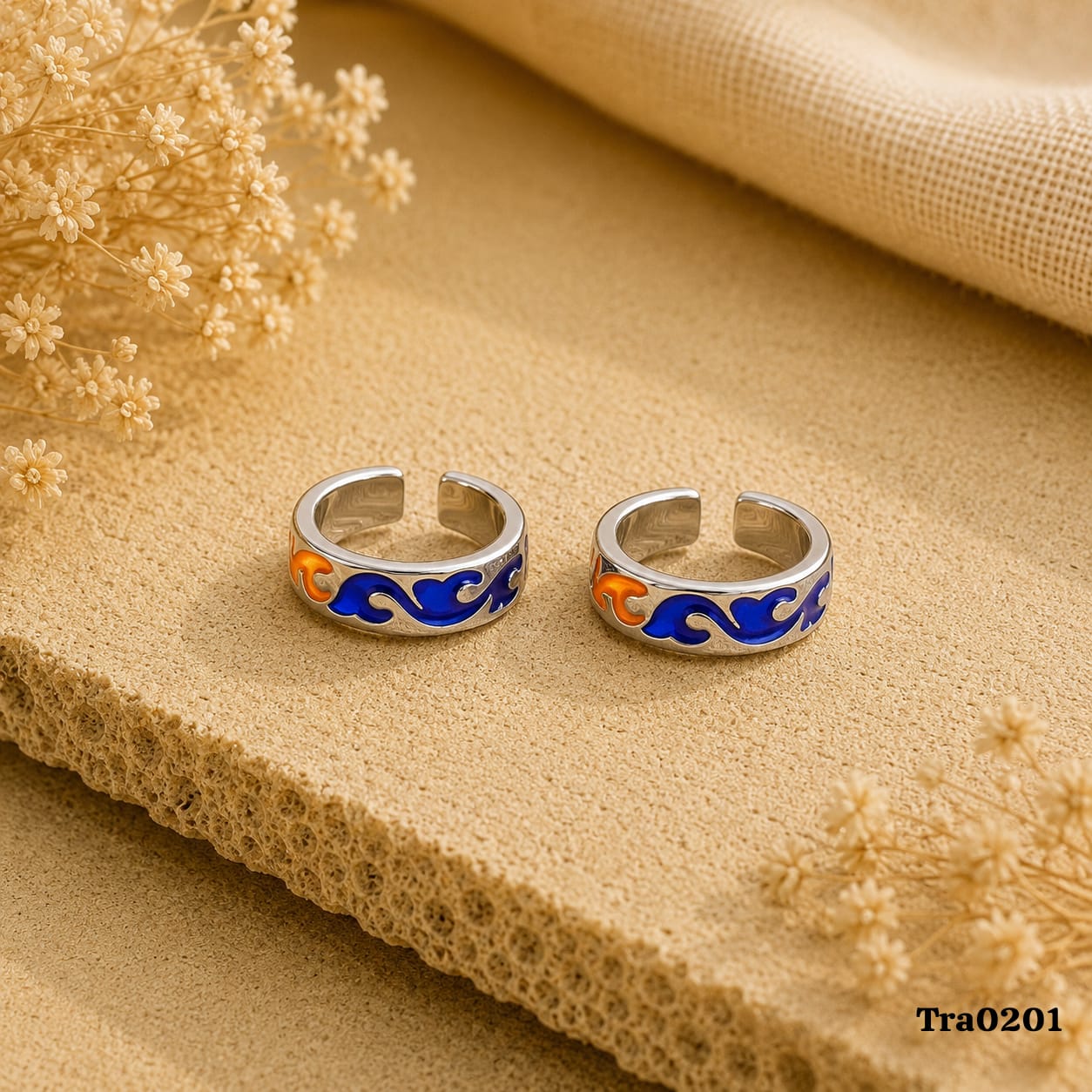 Orange and teal enameled Toe Rings