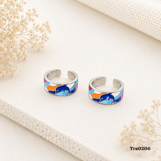 Multi-colored enameled Pink dolphins Silver Toe Rings