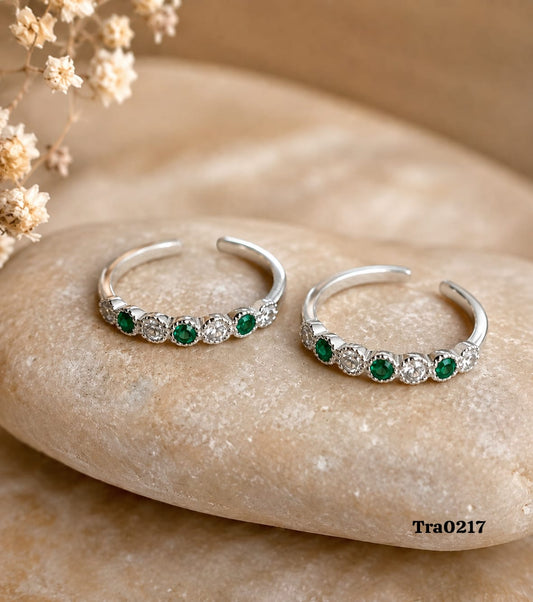 Green Stones Silver Toe Rings - Petite Round Design